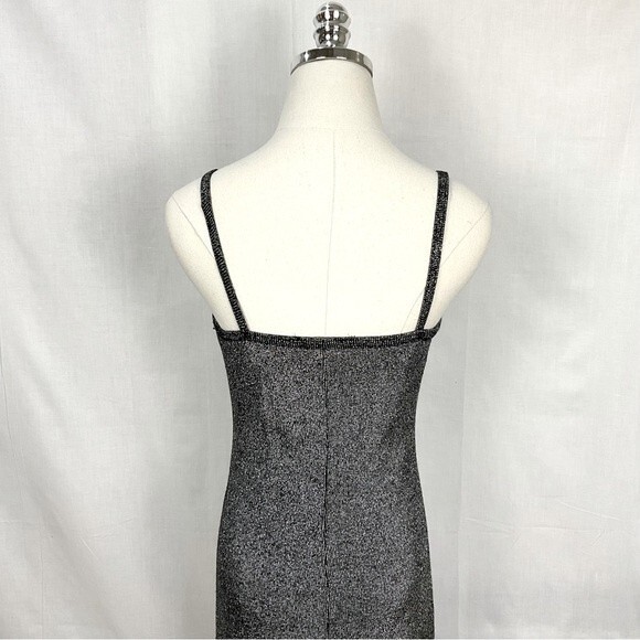 Vintage Silver Maxi Slip Dress 90's Jr Sz 9/10 Beaded Metallic Sparkle Stretch - Picture 5 of 7